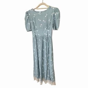 Cottagecore Floral Puff Sleeve Midi Dress Slate Blue Medium